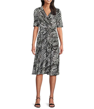 Kasper Dotted Short Sleeve Wrap Front Jersey Knit Midi Dress