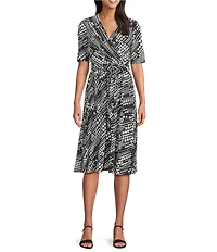 Kasper Dotted Short Sleeve Wrap Front Jersey Knit Midi Dress