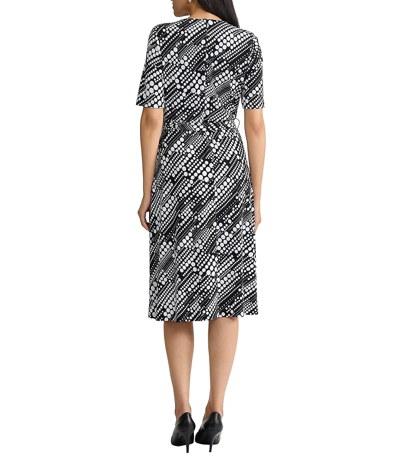 Kasper Dotted Short Sleeve Wrap Front Jersey Knit Midi Dress