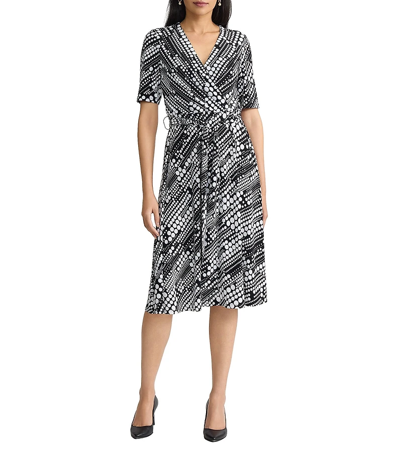 Kasper Dotted Short Sleeve Wrap Front Jersey Knit Midi Dress