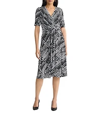 Kasper Dotted Short Sleeve Wrap Front Jersey Knit Midi Dress