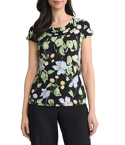 Kasper Drape Neck Cap Sleeve Floral Print Jersey Top