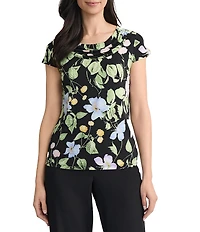 Kasper Drape Neck Cap Sleeve Floral Print Jersey Top
