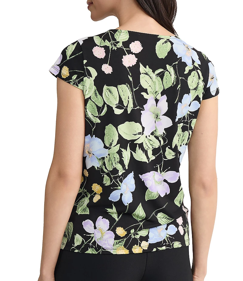 Kasper Drape Neck Cap Sleeve Floral Print Jersey Top
