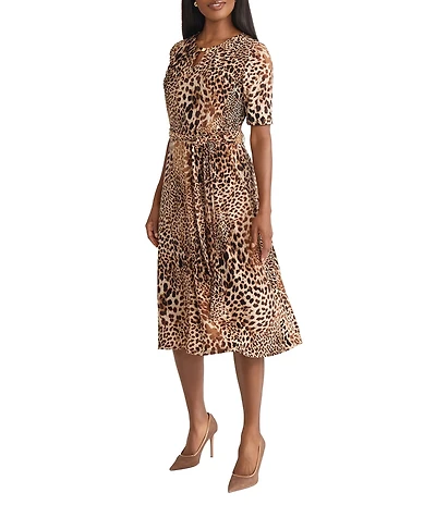 Kasper Elbow Sleeve Animal Print Jersey Knit A-Line Midi Dress