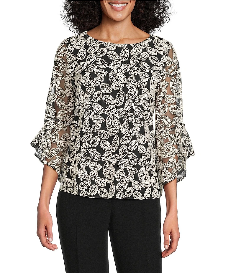 Kasper Embroidered Boat Neck 3/4 Ruffle Sleeve Blouse