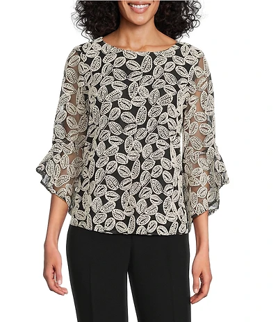 Kasper Embroidered Boat Neck 3/4 Ruffle Sleeve Blouse