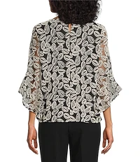 Kasper Embroidered Boat Neck 3/4 Ruffle Sleeve Blouse