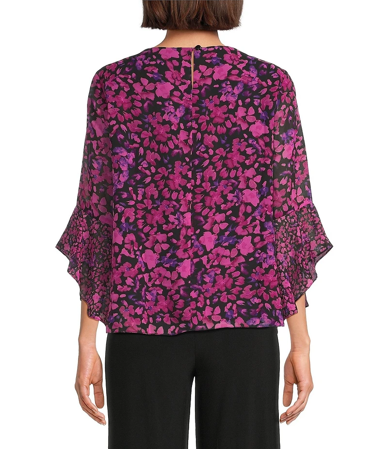 Kasper Floral Chiffon Boat Neck 3/4 Ruffle Sleeve Blouse
