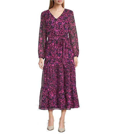 Kasper Floral Chiffon V-Neck Long Sleeve Belted Tiered Ruffle A-Line Midi Dress