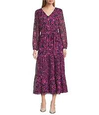 Kasper Floral Chiffon V-Neck Long Sleeve Belted Tiered Ruffle A-Line Midi Dress