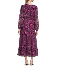 Kasper Floral Chiffon V-Neck Long Sleeve Belted Tiered Ruffle A-Line Midi Dress