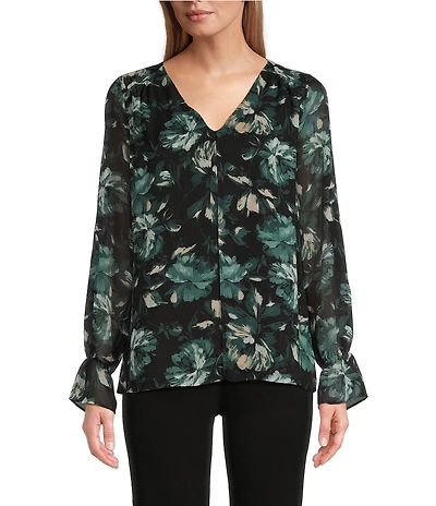 Kasper Floral Double Layer Long Puff Sleeve V-Neck Blouse