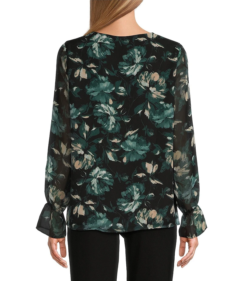 Kasper Floral Double Layer Long Puff Sleeve V-Neck Blouse