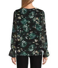 Kasper Floral Double Layer Long Puff Sleeve V-Neck Blouse