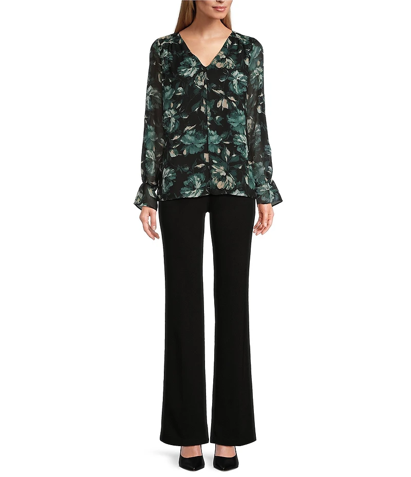 Kasper Floral Double Layer Long Puff Sleeve V-Neck Blouse