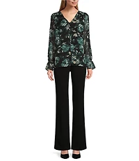 Kasper Floral Double Layer Long Puff Sleeve V-Neck Blouse