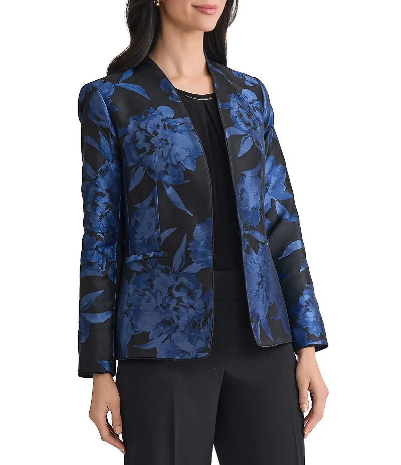 Kasper Floral Jacquard Collarless Jacket With Piping