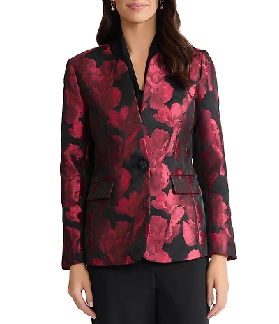 Kasper Floral Jacquard One Button Collarless Jacket