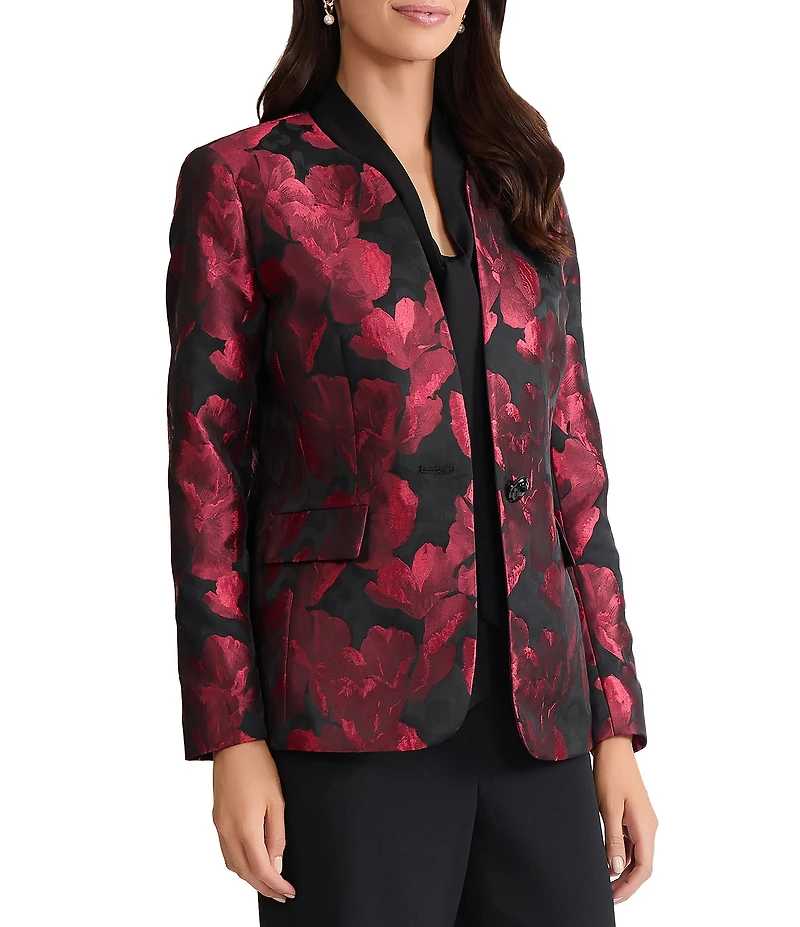 Kasper Floral Jacquard One Button Collarless Jacket