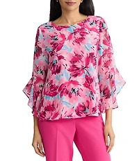 Kasper Floral Print 3/4 Ruffle Sleeve Blouse