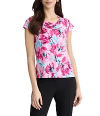 Kasper Floral Print Cap Sleeve Cowl Neck Jersey Knit Blouse