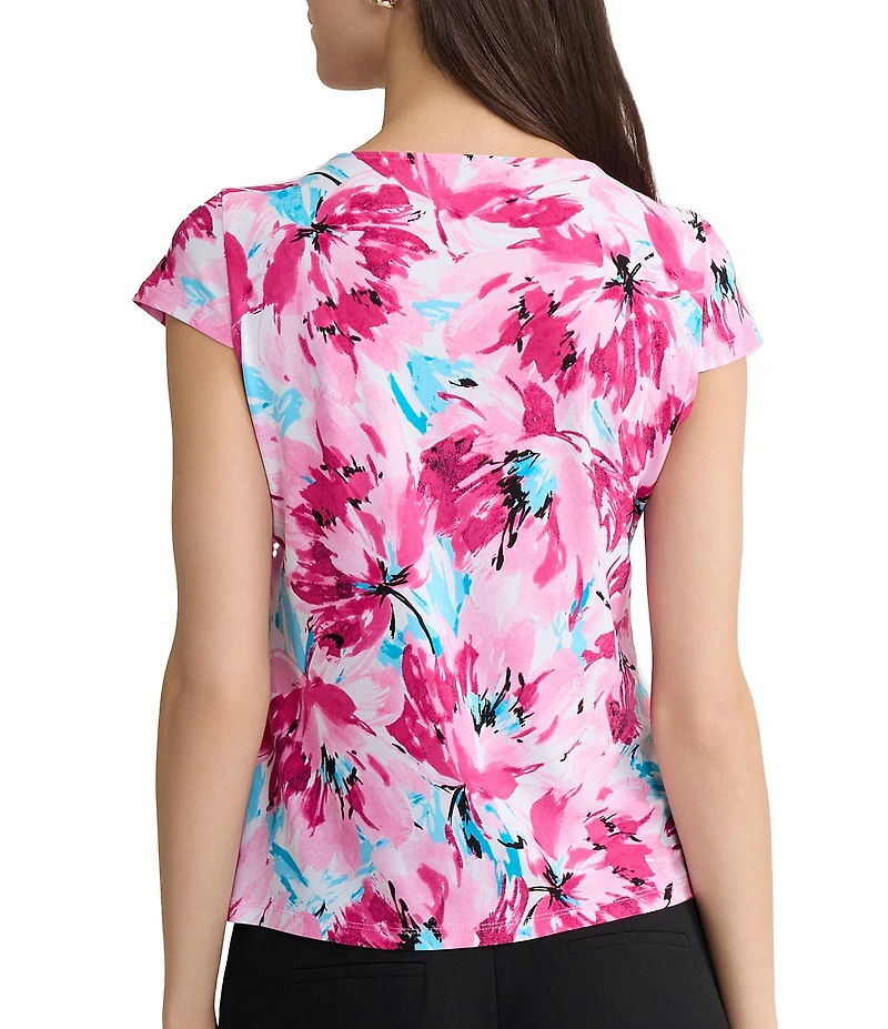 Kasper Floral Print Cap Sleeve Cowl Neck Jersey Knit Blouse