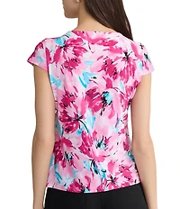 Kasper Floral Print Cap Sleeve Cowl Neck Jersey Knit Blouse