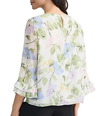Kasper Floral Print Crew Neck 3/4 Ruffle Sleeve Clip Dot Blouse