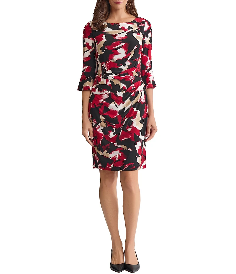 Kasper Floral Print Jersey 3/4 Ruffle Sleeve Boat Neck Side Pleat Sheath Dress