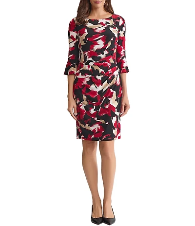 Kasper Floral Print Jersey 3/4 Ruffle Sleeve Boat Neck Side Pleat Sheath Dress