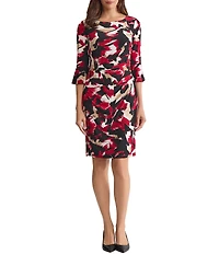Kasper Floral Print Jersey 3/4 Ruffle Sleeve Boat Neck Side Pleat Sheath Dress