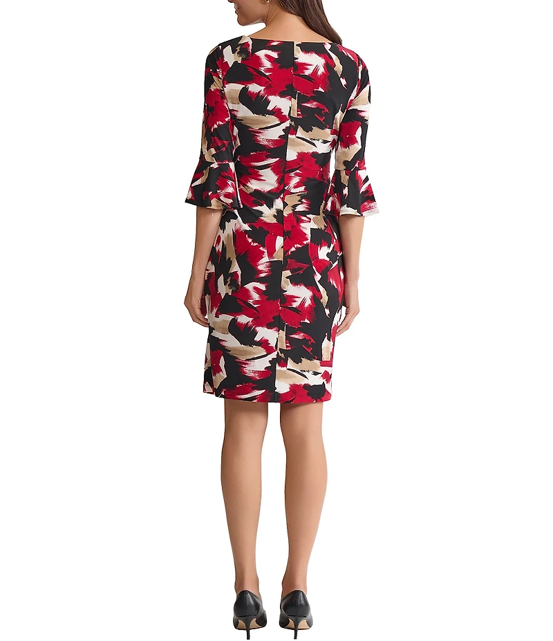 Kasper Floral Print Jersey 3/4 Ruffle Sleeve Boat Neck Side Pleat Sheath Dress