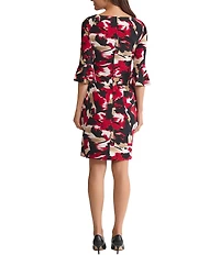 Kasper Floral Print Jersey 3/4 Ruffle Sleeve Boat Neck Side Pleat Sheath Dress