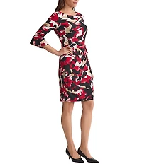 Kasper Floral Print Jersey 3/4 Ruffle Sleeve Boat Neck Side Pleat Sheath Dress