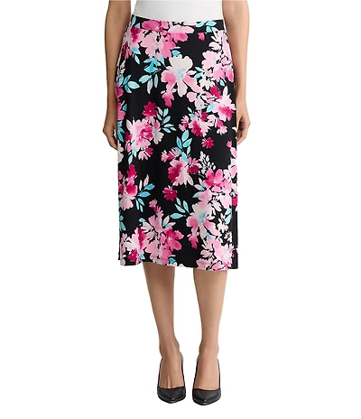 Kasper Floral Print Pull On Printed Jersey Knit Midi Skirt
