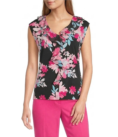 Kasper Floral Print Short Sleeve Printed Jersey Knit Ruffle Blouse