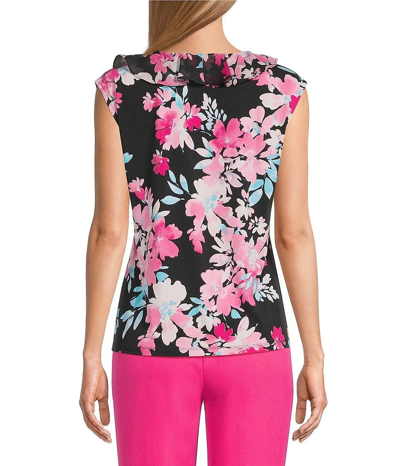 Kasper Floral Print Short Sleeve Printed Jersey Knit Ruffle Blouse