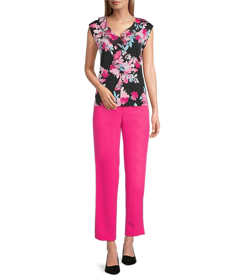 Kasper Floral Print Short Sleeve Printed Jersey Knit Ruffle Blouse