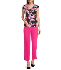 Kasper Floral Print Short Sleeve Printed Jersey Knit Ruffle Blouse