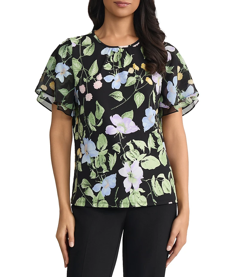 Kasper Floral Printed Flutter Short Sleeve Blouse