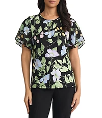 Kasper Floral Printed Flutter Short Sleeve Blouse