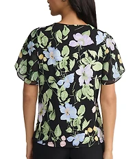 Kasper Floral Printed Flutter Short Sleeve Blouse