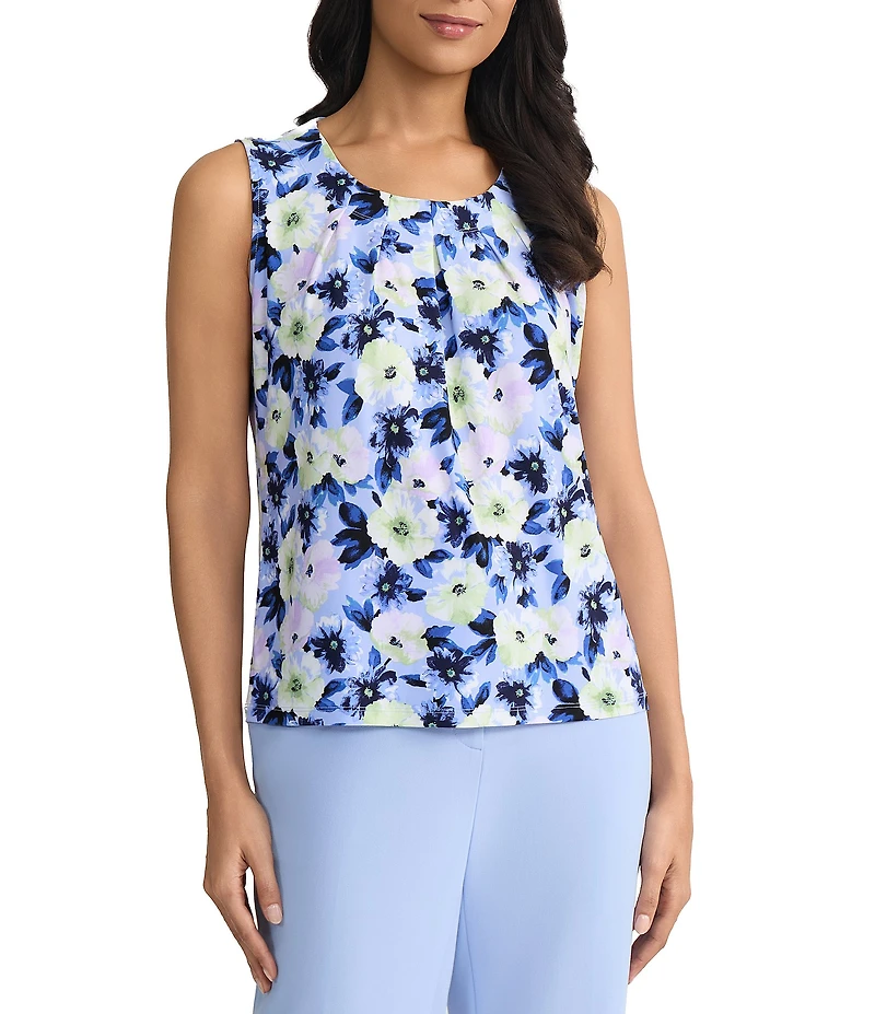 Kasper Floral Printed Jersey Knit Crew Neck Sleeveless Blouse