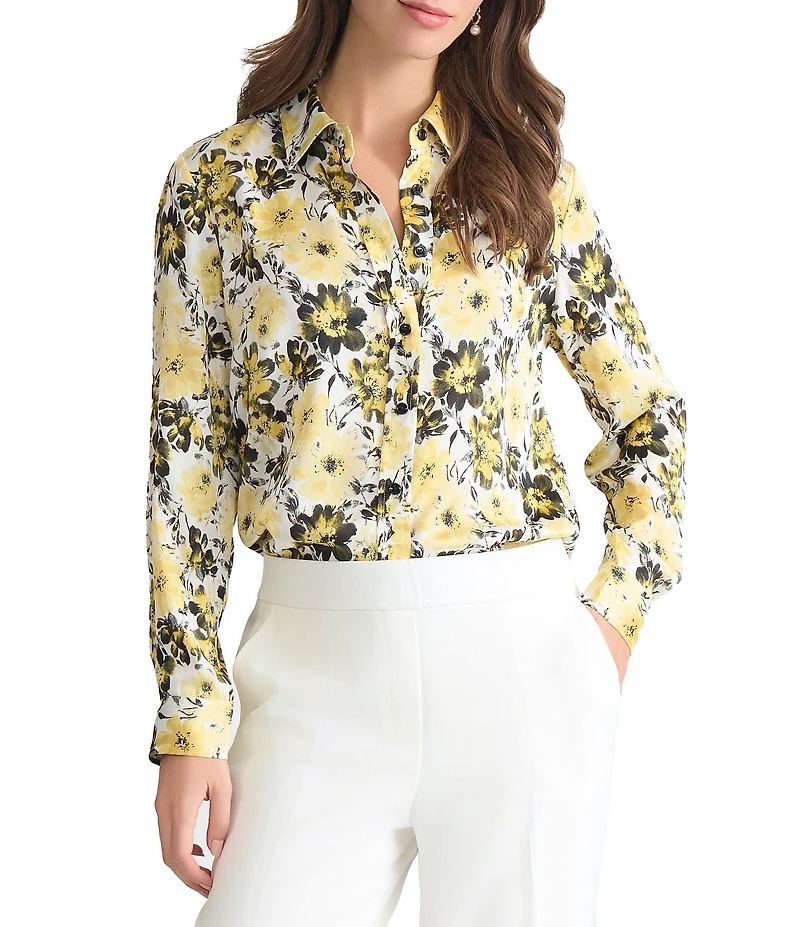 Kasper Floral Satin Long Sleeve Button Down Blouse