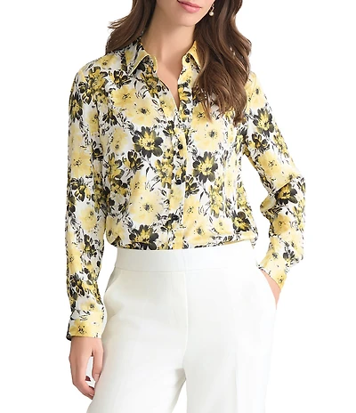 Kasper Floral Satin Long Sleeve Button Down Blouse