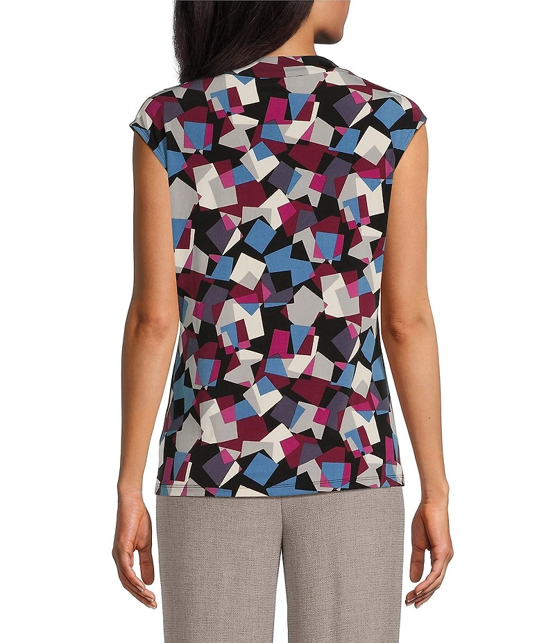 Kasper Geometric Print Cowl Neck Cap Sleeve Fitted Knit Top