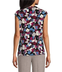 Kasper Geometric Print Cowl Neck Cap Sleeve Fitted Knit Top