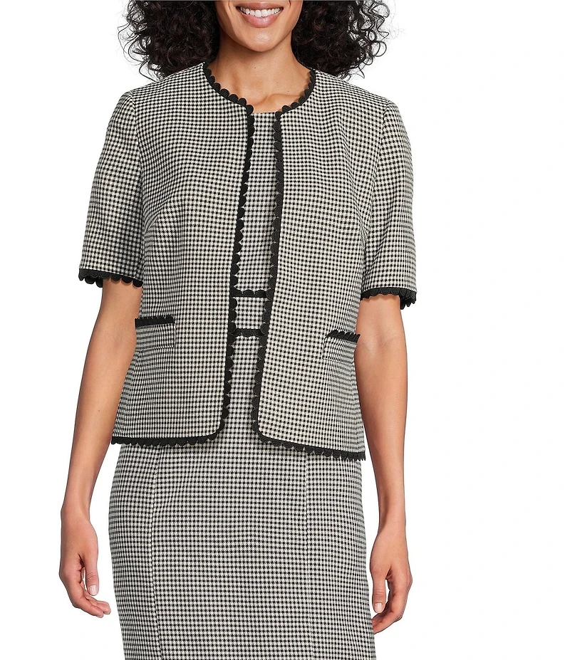 Kasper Gingham Short Sleeve Open Front Cardigan
