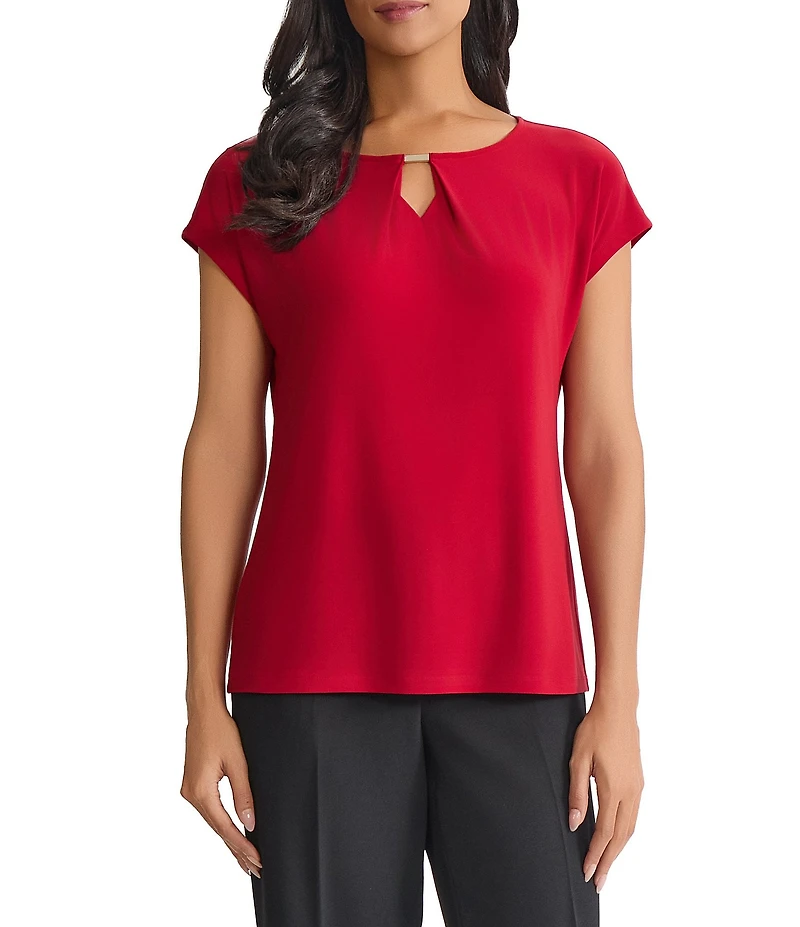 Kasper Hardware Trim Keyhole Neck Knit Jersey Shot Sleeve Top